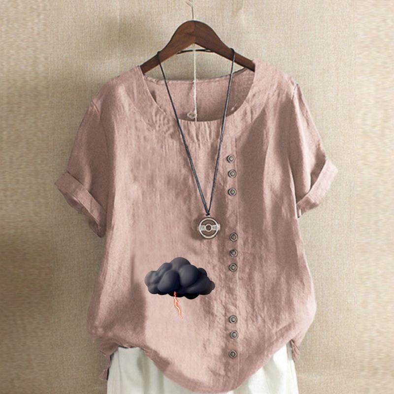 Women's Fashion Round Neck Short Sleeve T-shirt Casual Cotton Linen Graphic Shirt Leisure Loose Dark Clouds Prined Summer Blouse Tops
