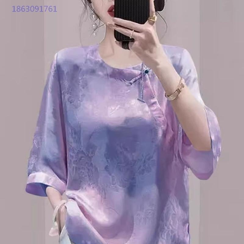 Loose and thin 2025 summer new niche chic high-end purple buckle short-sleeved shirt blouse