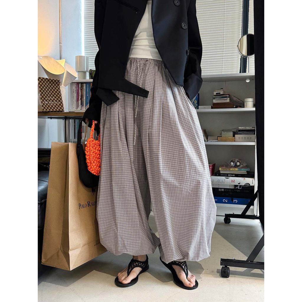 Xu Man Spring/Summer Paris Fashion Plaid Balloon Button Cuff Long Pants for Women