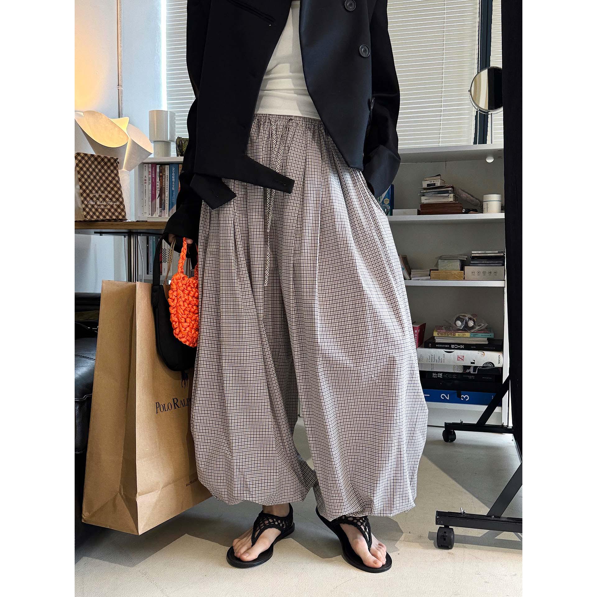 Xu Man Spring/Summer Paris Fashion Plaid Balloon Button Cuff Long Pants for Women Small