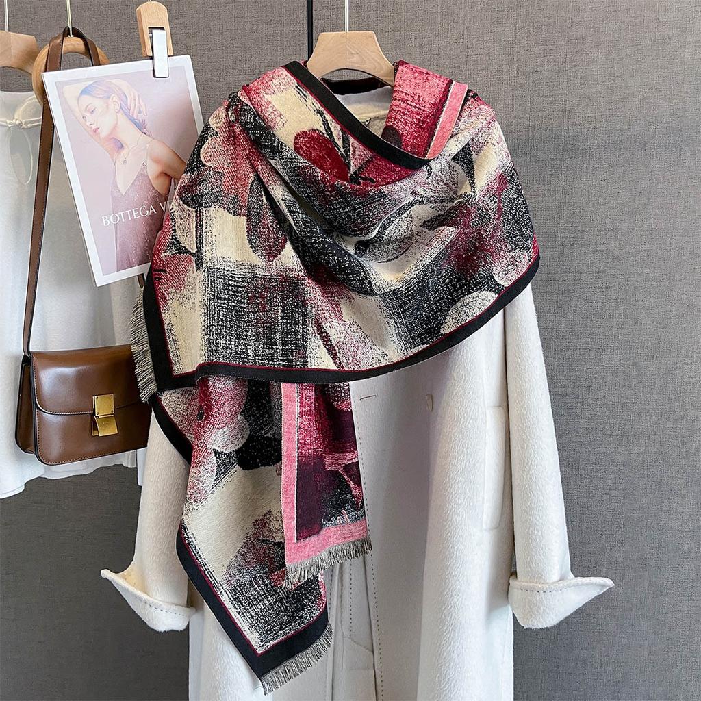 Autumn New Versatile Plaid Flower Print Scarf Personalized Retro Color Matching Flower Pattern Shawl Warm Scarf