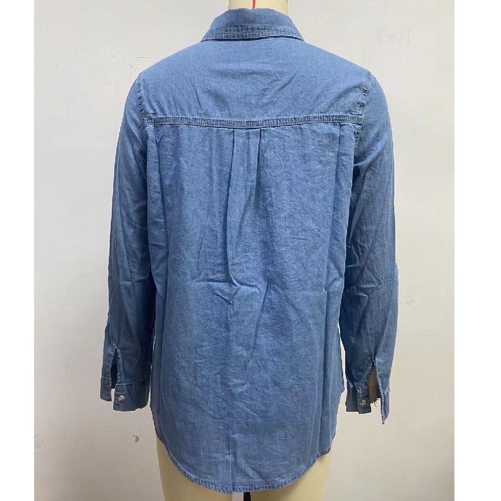 Women Denim Shirts Solid Color Turn Down Collar Long Sleeve Jean Blouses Single Breasted Loose Casual Tops Streetwear