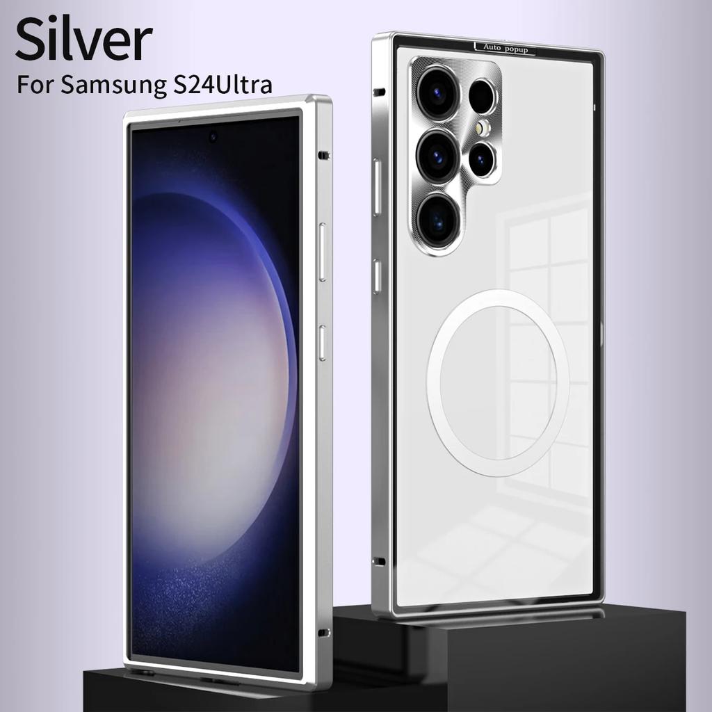 Transparent Case for Samsung Galaxy S24 Plus Ultra Magnet Pop-up Back Panel for Magsafe Wireless Charging Luxury S24Ultra Cover