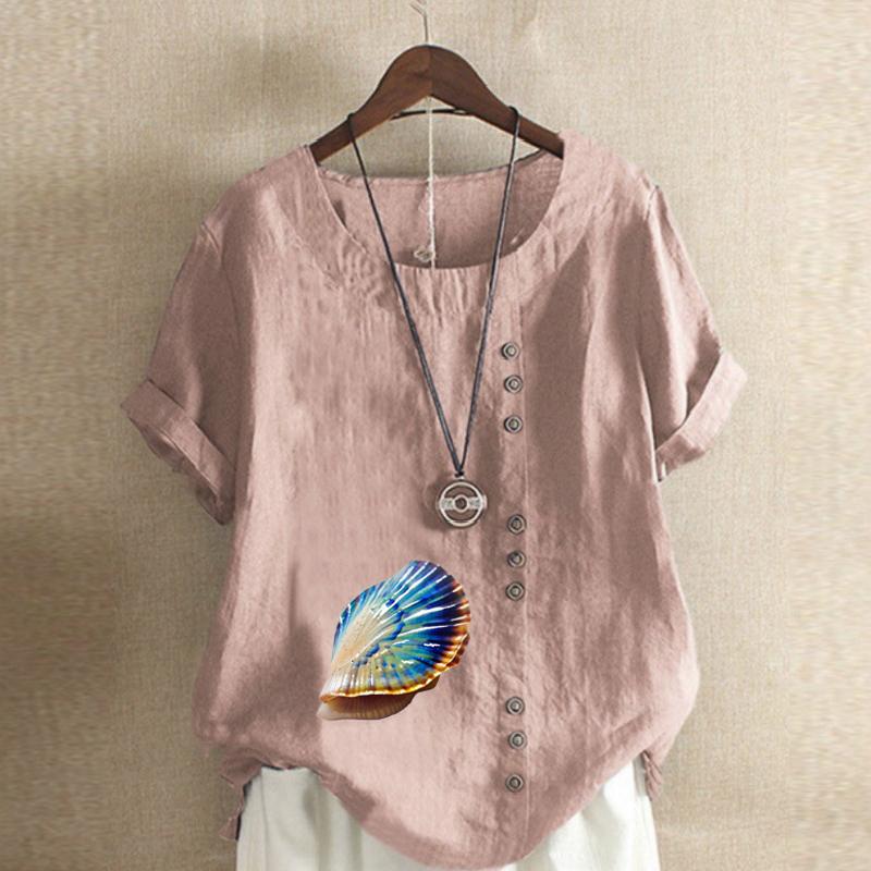 Women's Fashion Round Neck Short Sleeve T-shirt Casual Cotton Linen Graphic Shirt Shell Prined Summer Blouse Tops Plus Size