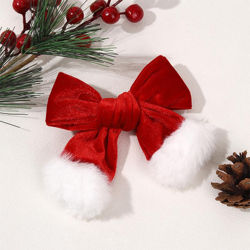 Red Velvet Christmas Bow Hair Clips White Furry Accents Holiday Hair Decor New Year's EVE Decorations Party Hair Accessories
