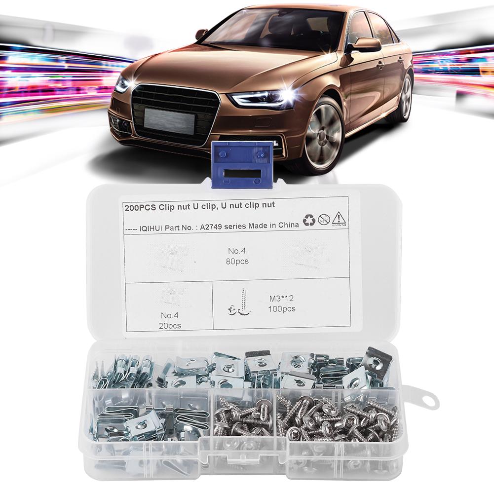 200pcs Set Manganese Steel UClips with Self Tapping Screws Kit Assortment Fixing Hardwares for Motor Vehicles