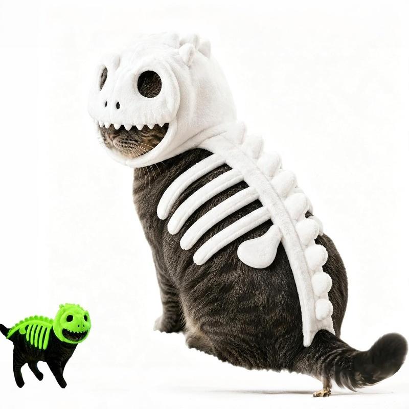 Dinosaurierskelett Leuchtet im Dunkeln Katzenkostüm, Plüsch Halloween Haustier Kapuzen-Outfit