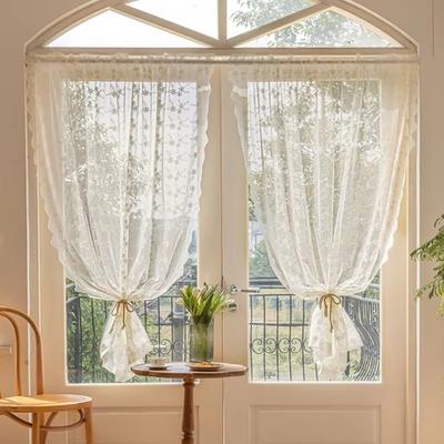 Practical Floral Embroidery French Lace Curtains Beige Pastoral Style Window Shade Tulle Vintage Doorway Drape Home Decoration