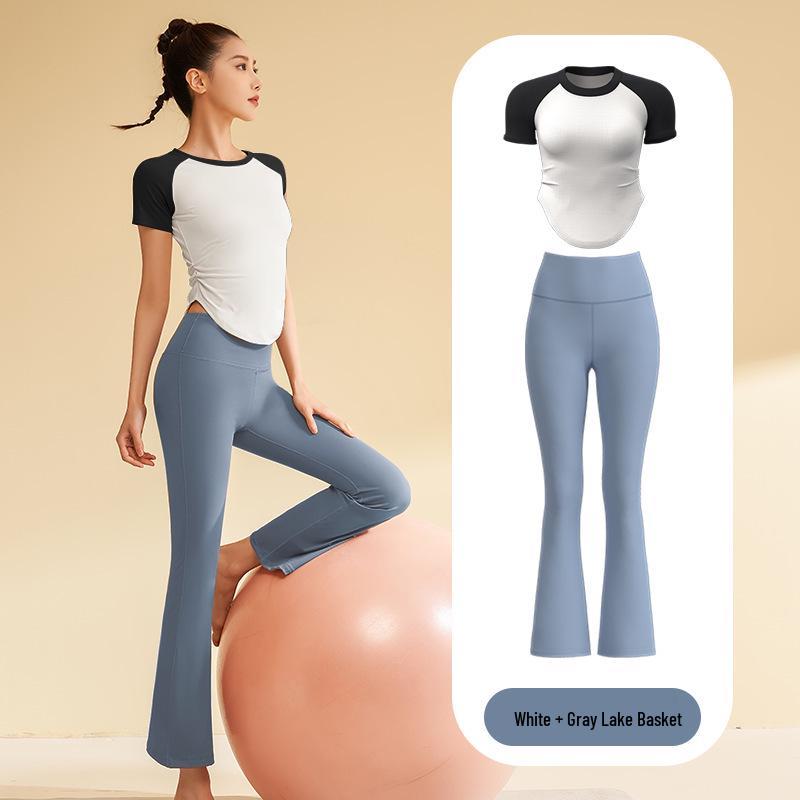 Damen Nude Feel Yoga Set: Schnelltrocknendes Kurzarm-Top & Lange Hose für Outdoor-Fitness