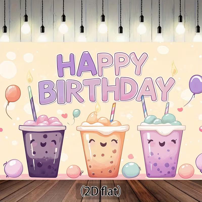 

2D Boba Themed Birthday Background, Kawaii Bubble Tea & Balloons Backdrop 47.2x31.5inch/120*80cm