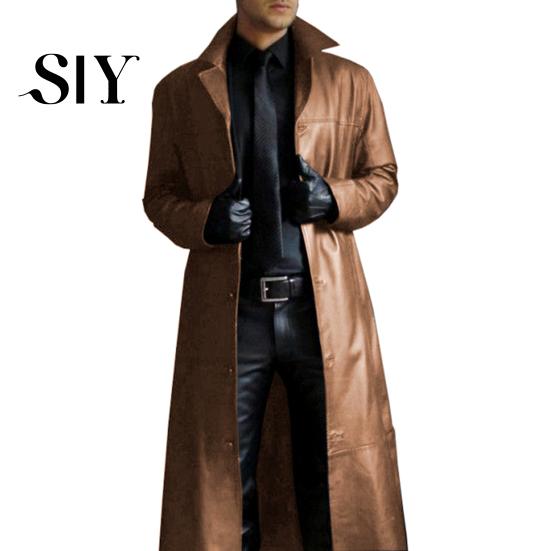 Button Breast Men Jacket Turn-down Collar Smooth Solid Color Faux Leather Windproof Streetwear Slim Fit Long Sleeve Trench Coat Fall