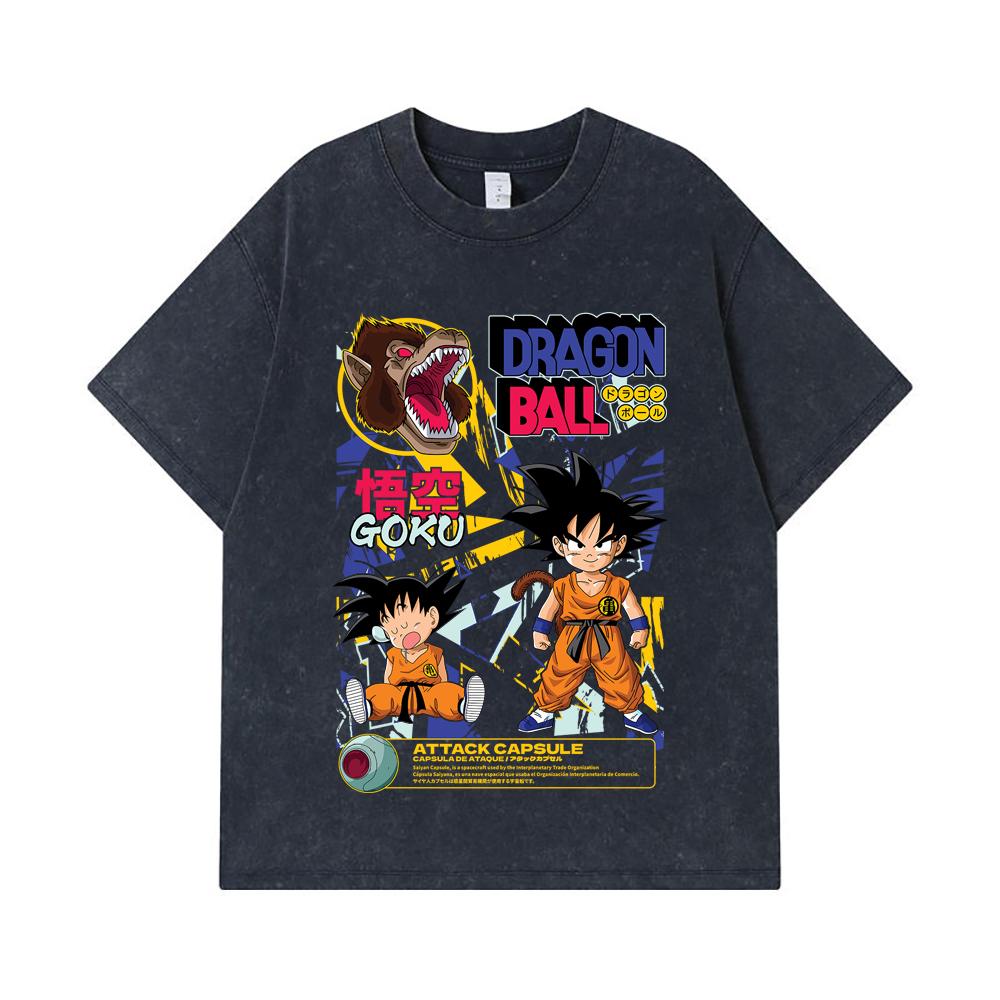 275 GSM Washed T-shirts 100% Cotton Dragon Ball V40 Goku Capsule Print Unisex Heavy Cotton T Shirt