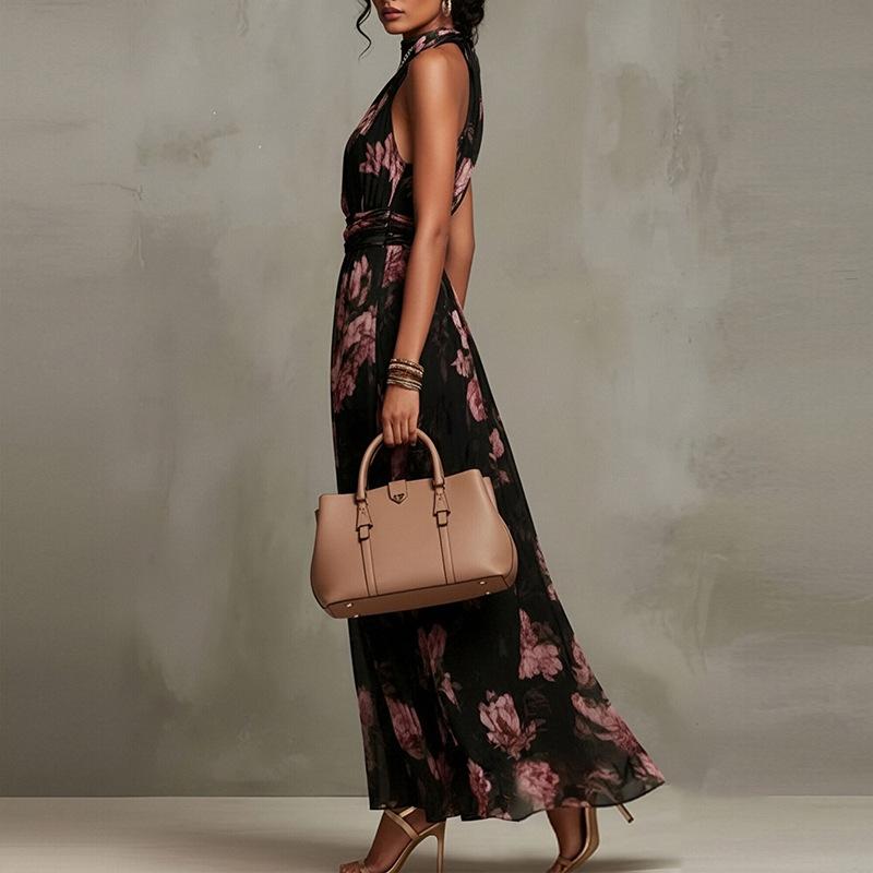 Retro Fashion Maxi Dress Summer Sleeveless Simple Print Ruffled Dresses Streetwear for Women's Clothing Holiday Party