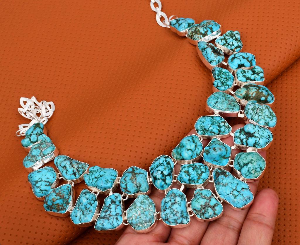 Turquoise Gemstone Handmade 925 Sterling Silver Adjustable Long Chain Statement Necklace For Women & Girls