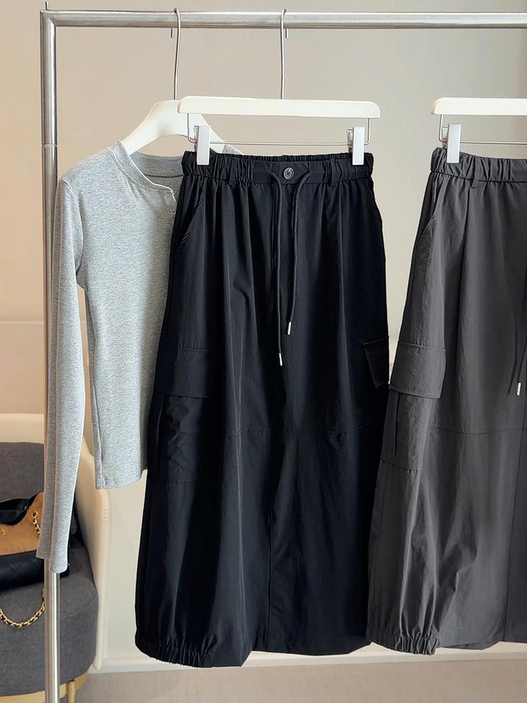Spring 2026 Women's Stylish A-line Casual Skirt with Bud Shape, Drawstring Pockets, Mid-Length, New Arrival