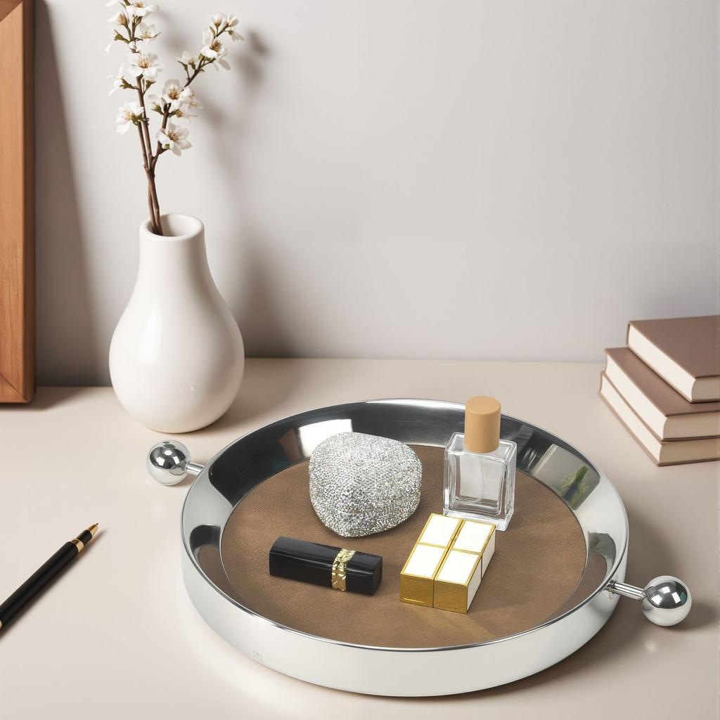 Stainless Steel Metal Mirror Leather Tray Circular Silver Handle Plate Desktop Storage Container Jewelry Tray Fruit Plate