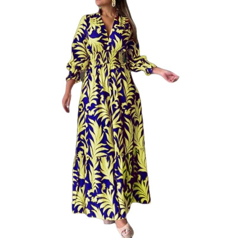 Spring  Shirring Elastic Waist Long Dress Fashion V-neck Bohemian Dress Elegant Puff Long Sleeve Printed Dress Vestidos 26351