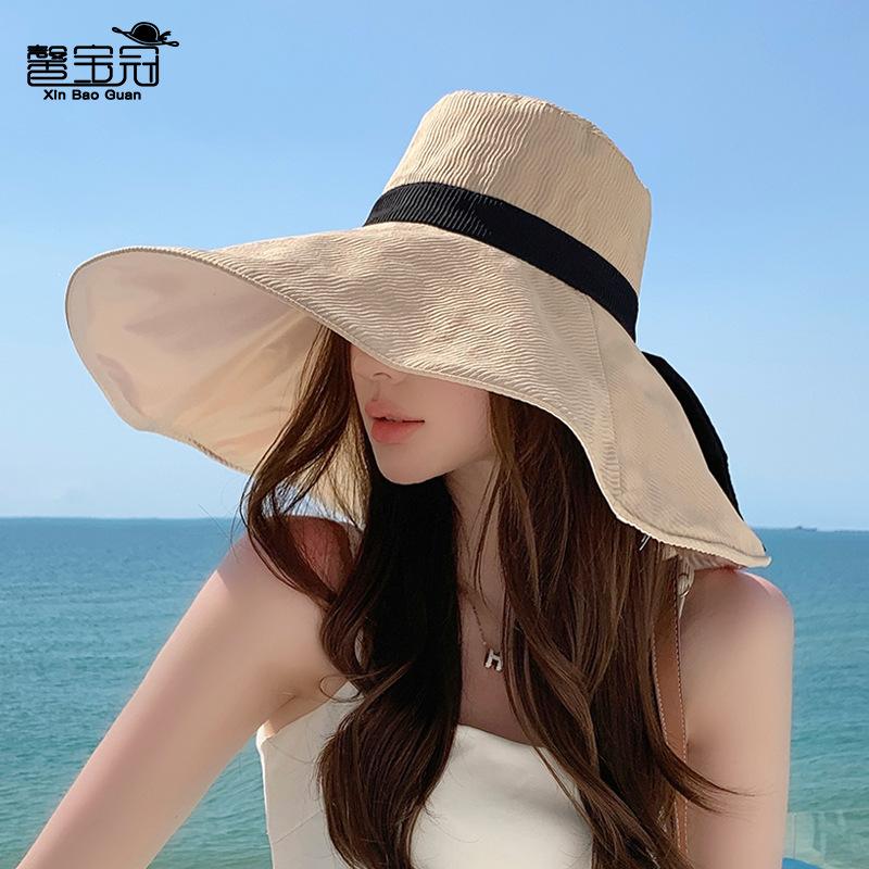 8490 Large Brim Bucket Hat Summer Outdoor Bow Visor Travel Vacation Vinyl Sunscreen Hat Women