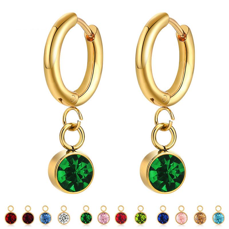 12 Colors Birthstone Huggie Earrings for Women, PVD Gold Color Tone Stainless Steel Brilliant AAA Cubic Zirconia Dangle Ear Clip