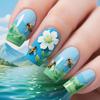Mittellange Blaue Farbverlauf Blumen Nail Art Sticker - 24er Set, Abnehmbar & Stilvoll für Frühling/Sommer.