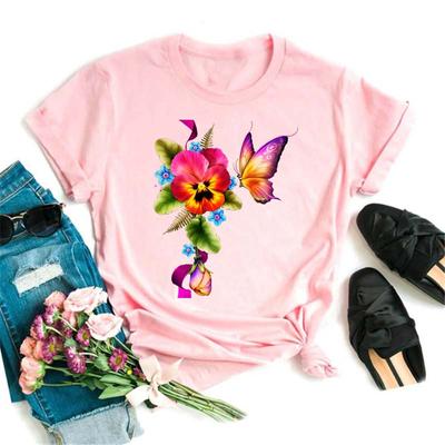 Fashion Women Flower Butterfly Prin Casual Short Sleeve Ladies T Tee Female Top Shirt Clothes Womens Graphic T-shirt