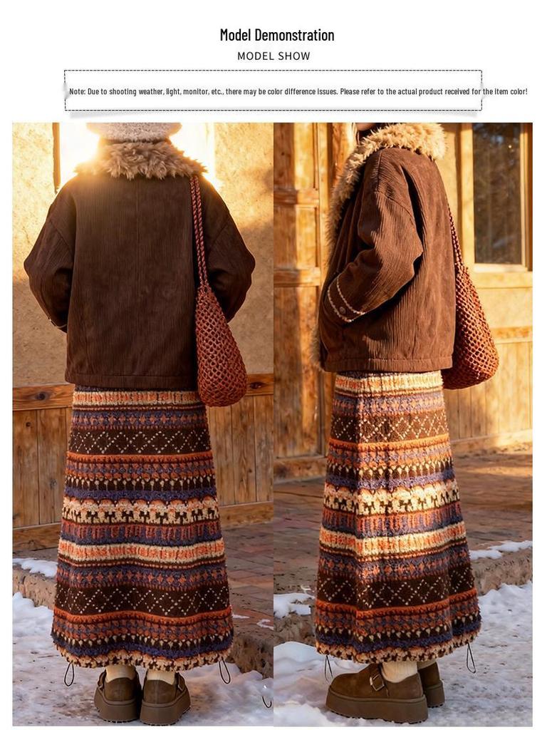 Fair Isle Fleece Two-Way High-Waisted Lantern Skirt for Women, Autumn/Winter Collection