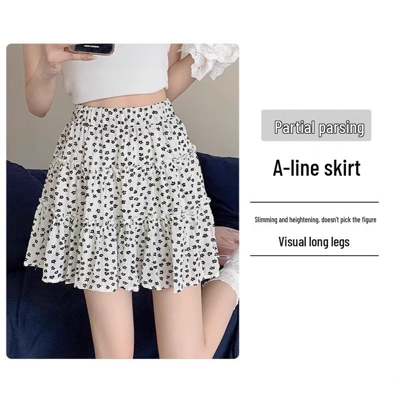 Polka Dot Floral High-Waist A-Line Midi Skirt, Women's Summer 2025 Collection - Black Puffy Cake Design