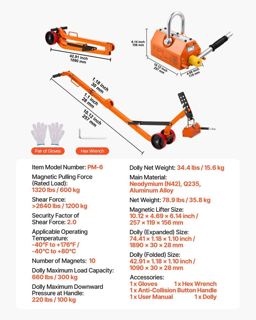 Magnetic Lid Lifter Dolly, 600 kg Pulling Capacity, Steel Dolly with Heavy Duty Magnet Lift and 2 Wheels, Adjustable Handle, N42 Neodymium, Foldable