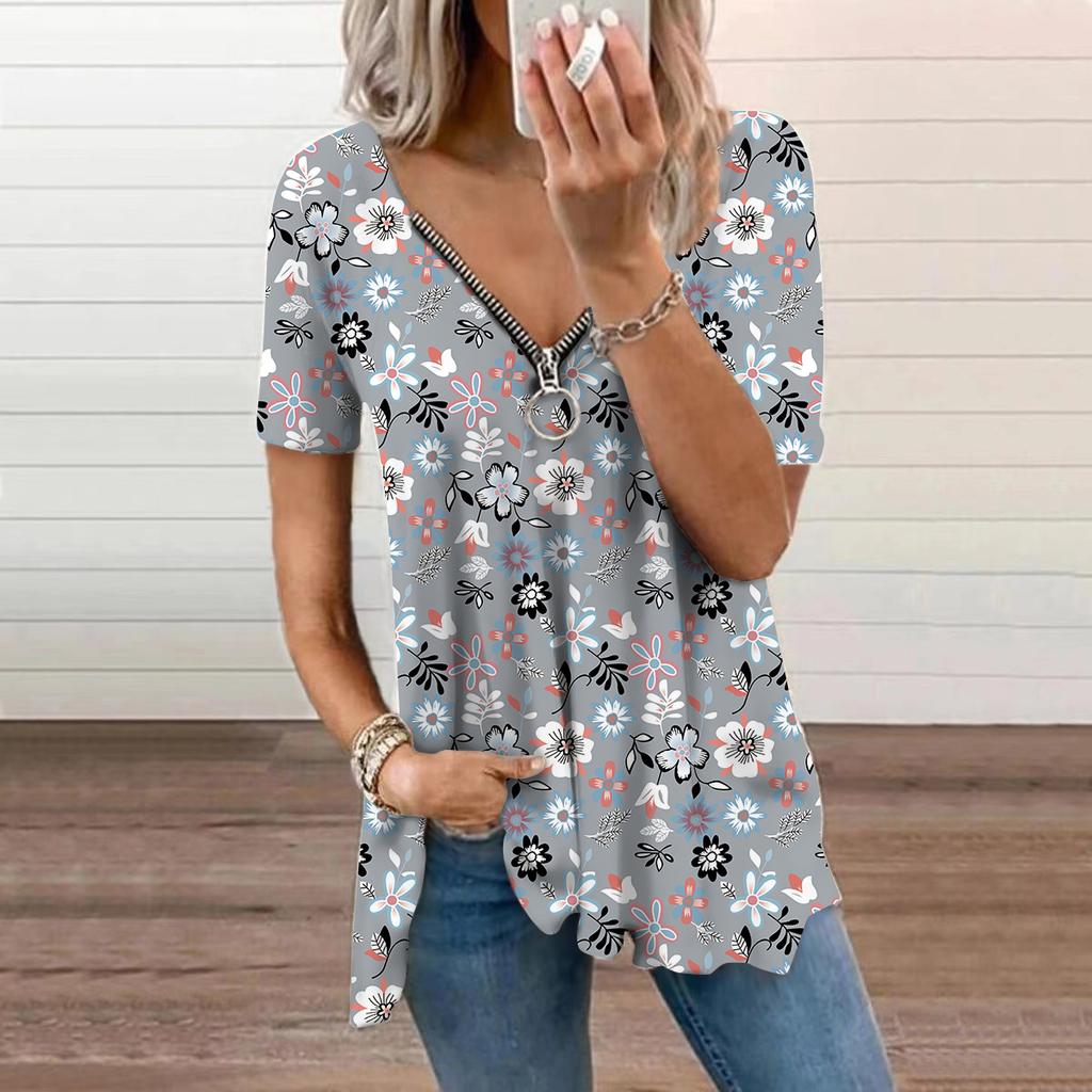 Top de damă Vară Nouă Modă Galben Lămâie Imprimat Casual Fermoar Gât în V Mânecă Scurtă