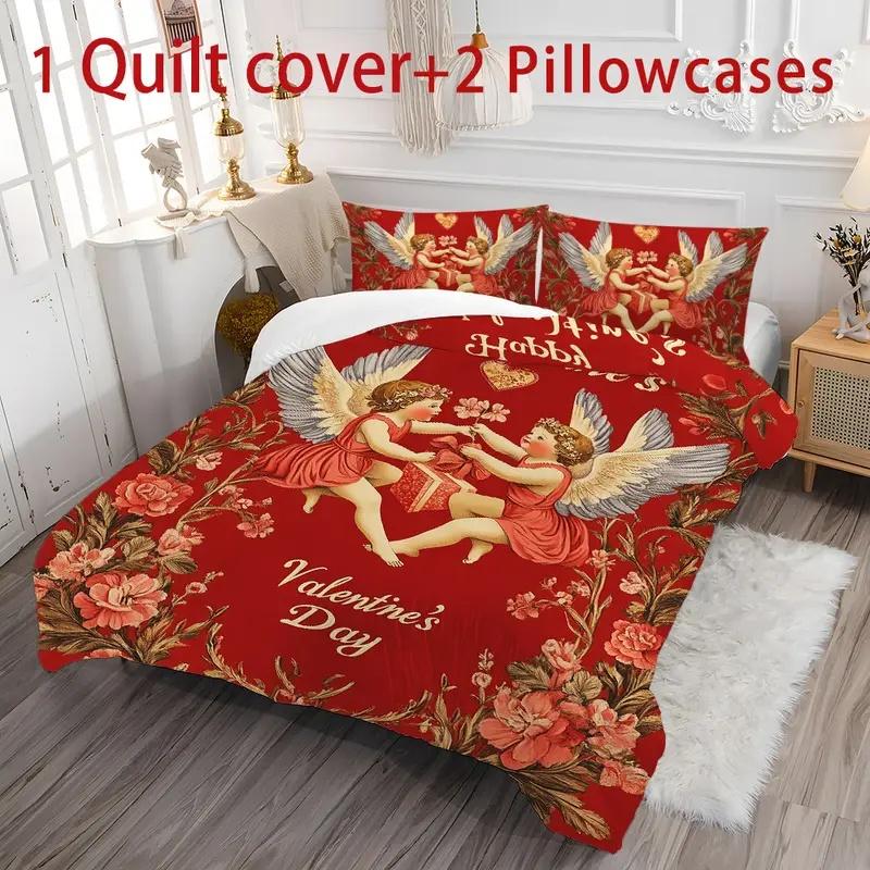 Valentine's Day Love Heart 3pcs Polyester Bedding Set - Soft & Comfortable, Includes 1 Duvet Cover and 2 Pillowcases