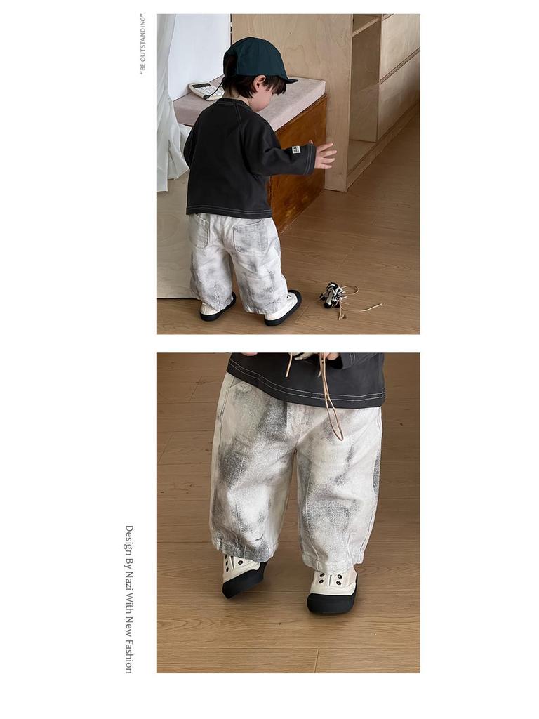 Dziecięcy Jesień 2025 Nowy Zestaw T-shirtu z Okrągłym Dekoltem i Dżinsów - Chłopięca Odzież Jesienna w Stylu Koreańskim