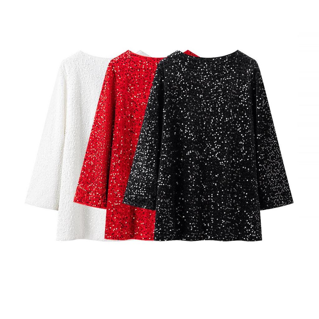 2025 Spring Women's European-American Style Sequin Bow Loose Dress