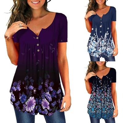 Womens V- Neck Floral Printed Tunic Tops Buttons Short Sleeve Loose Blouse