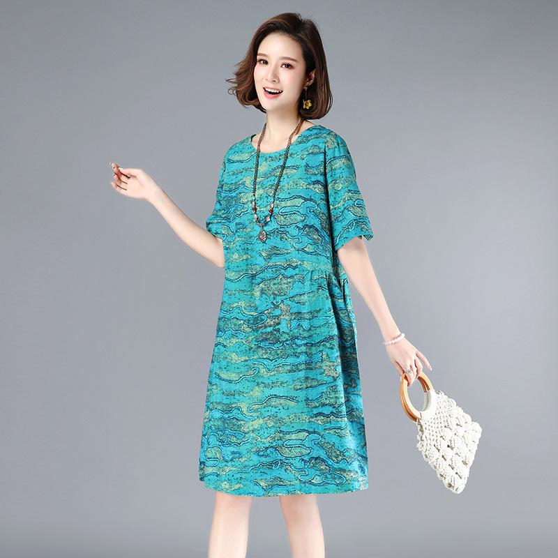 2025 Women's Summer Floral Cotton-Linen Mid-Length Slimming Dress