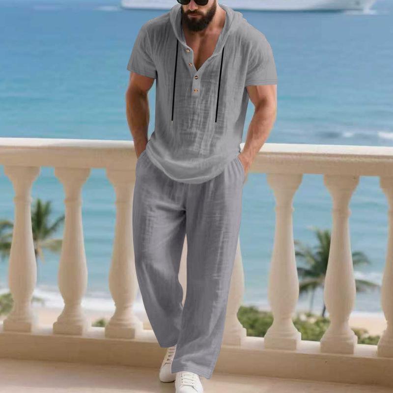 Autumn Casual Linen Hooded Short Sleeve Henley Shirt with Long Pants Set for Men