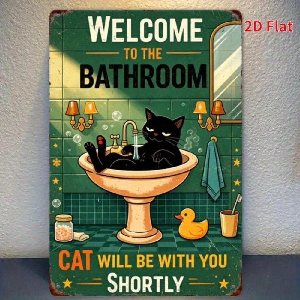 Vintage Black Cat Tin Sign, Funny Bathroom Decor, Restroom Plaque, Retro Rustic Bathtub Art
