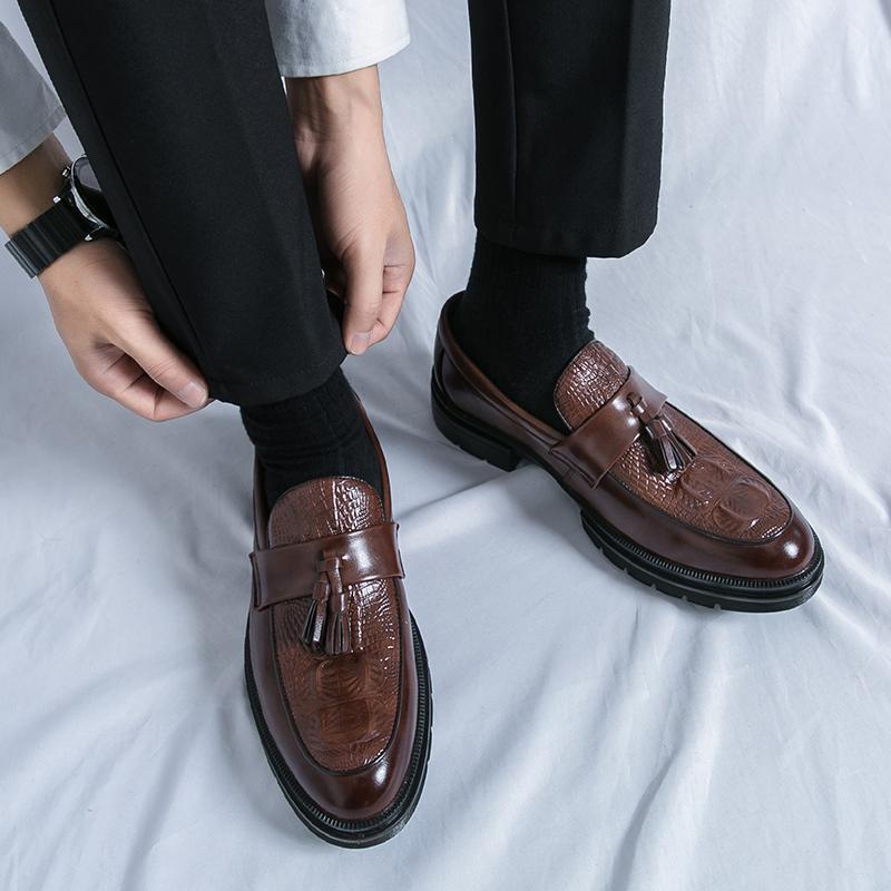 Large Size Men's Shoes Fringed Leather Shoes Men's Business Dress Crocodile Pattern One Pedal Thick Sole Heightening Foot Casual Shoes