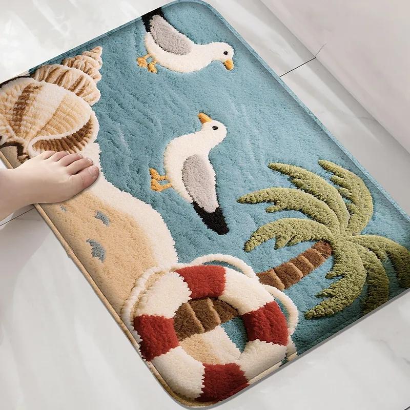 Seaside Series Bathroom Anti Slip Floor Mat, Shower Room Small Carpet, Washbasin Absorbent Foot Mat Modern Decorative Carpet