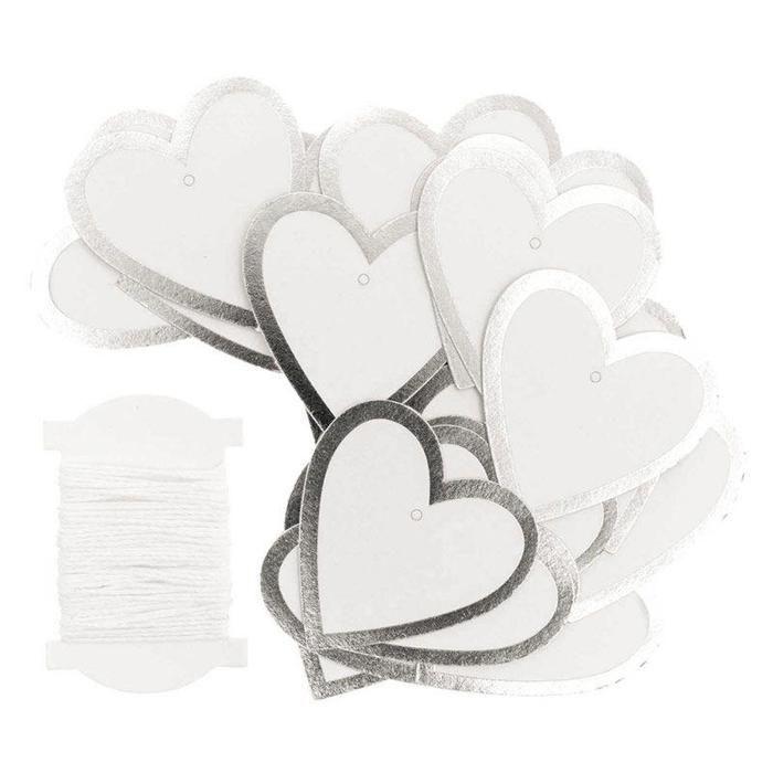 Étiquettes à suspendre - RICO DESIGN - Coeurs blancs - Contour argenté - 24 pièces - Mixte
