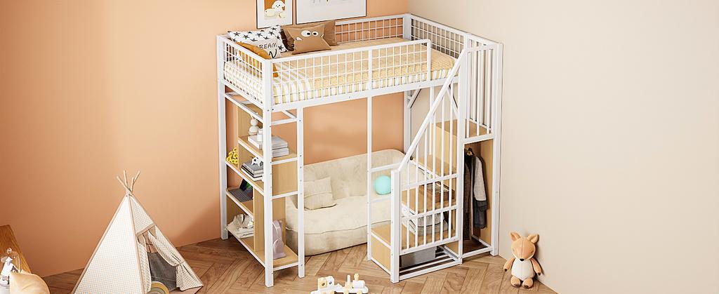 Letto a Soppalco Multifunzionale 90 x 200 cm, Letto in Metallo con Contenitore, Spazio a Ripiani e Scala, Letto per Adulti e Bambini, Bianco