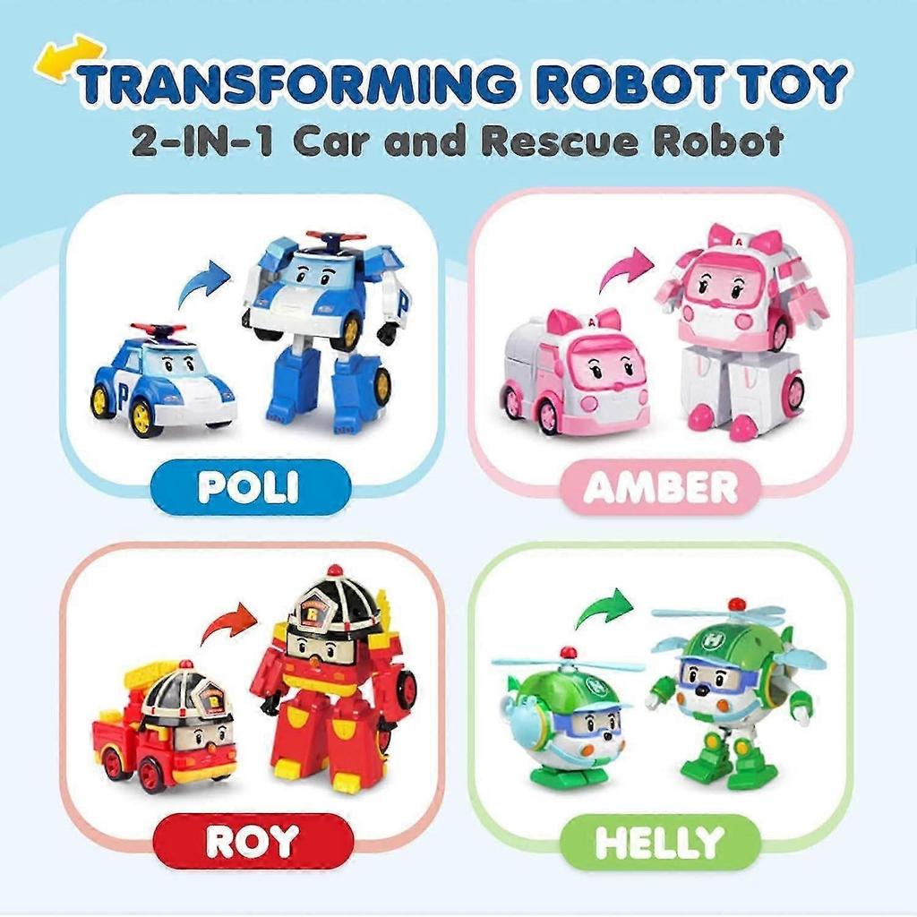 SBSG Robocar Poli 4 Pack Poli + Amber + Roy + Helly Transforming Robot Toys, 4" Transformable Action Figure Toy, Emergency Vehicle Playset, Holiday Bi