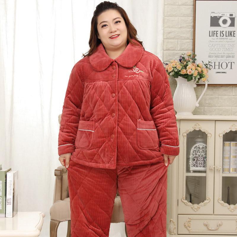 Mei Ji Yun Women's Plus Size Quilted Flannel Pajama Set - Cozy Three-Layer Design for Home Wear