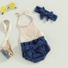 Sommeroutfit für Babymädchen Einfarbiges Strick-Römerchen mit Neckholder zum Binden, Jeansshorts mit Gürtel, Stirnband, 3-teiliges Kleidungsset