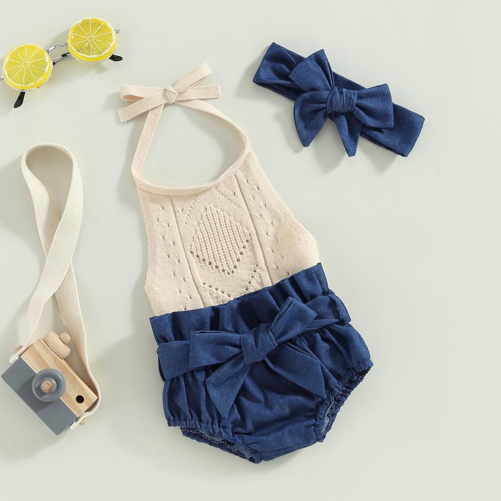 Sommeroutfit für Babymädchen Einfarbiges Strick-Römerchen mit Neckholder zum Binden, Jeansshorts mit Gürtel, Stirnband, 3-teiliges Kleidungsset