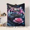 1pc Tiger Rose Print Blanket, Lightweight Flannel Fleece with Digital Printing, Soft Warm for Sofa, Travel, Camping, Office, Couch, Chair, and Bed, Al