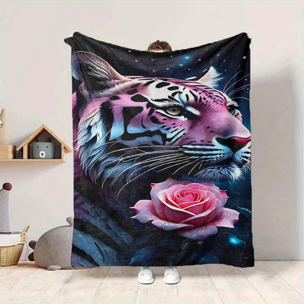 1pc Tiger Rose Print Blanket, Lightweight Flannel Fleece with Digital Printing, Soft Warm for Sofa, Travel, Camping, Office, Couch, Chair, and Bed, Al