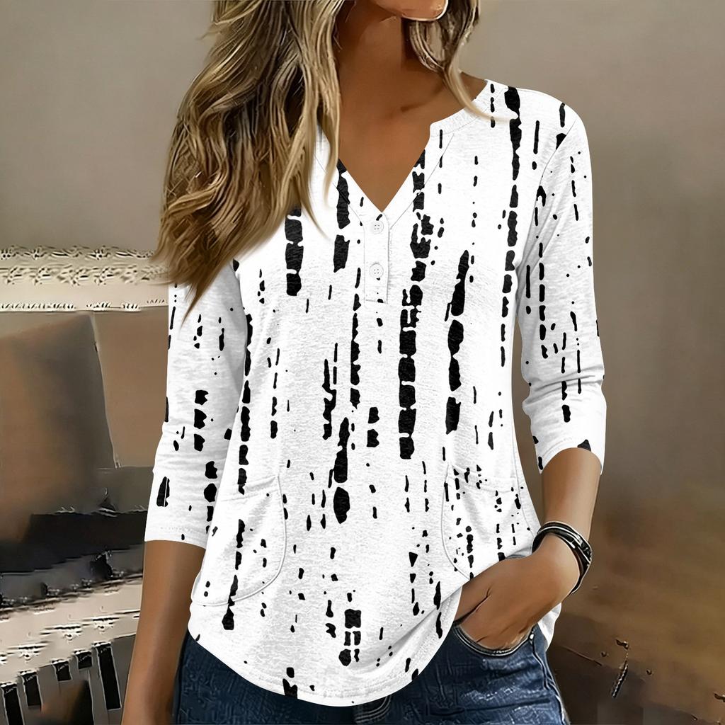 Womens 3/4 Sleeve V Neck Henley Pullover Top Geometric Print Casual Loose Fit Tunic Shirt