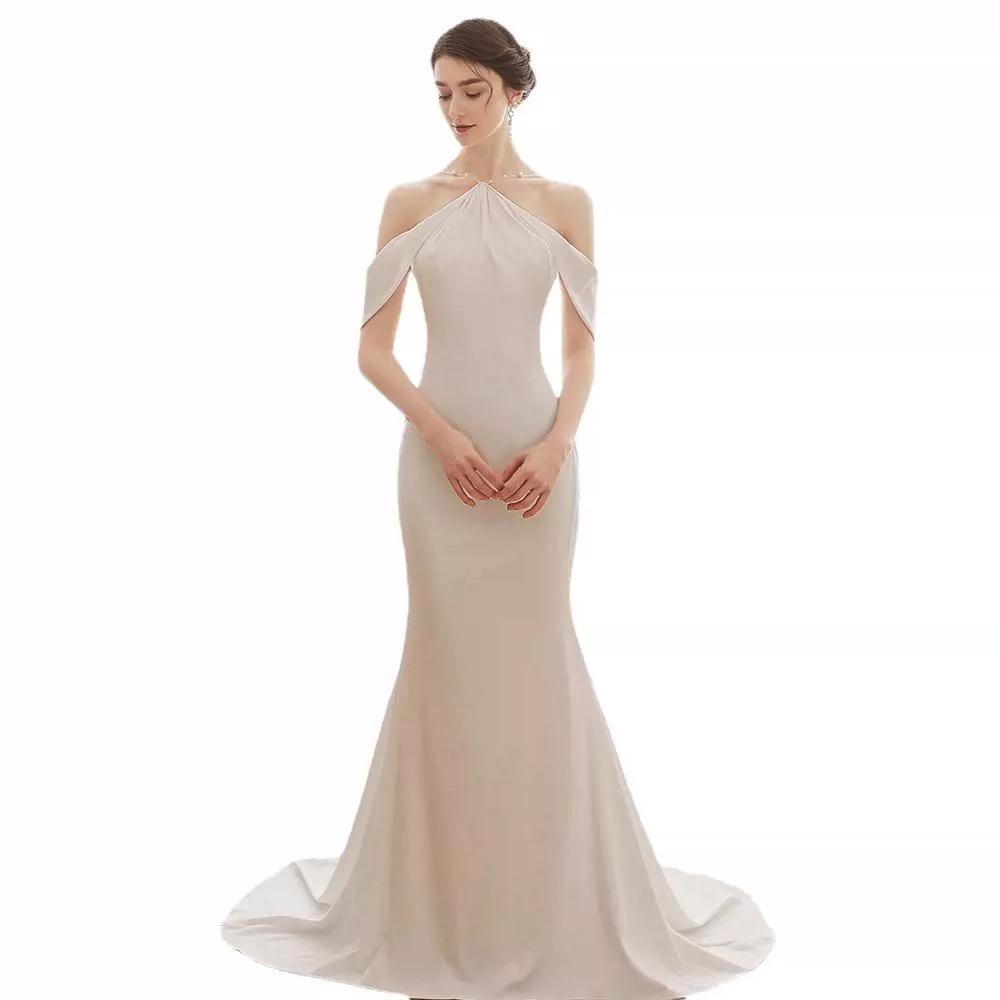 Light wedding dress 1011 new door dress simple atmosphere white satin French evening dress women's neck fishtail wedding dress