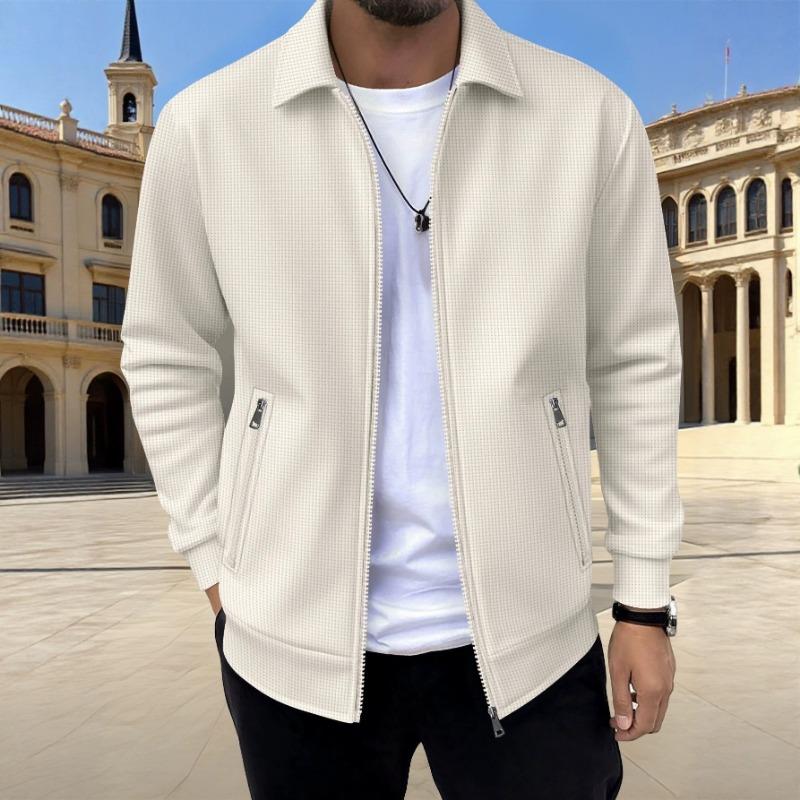 Men S Waffle Solid Color Lapel Zip Up Jacket