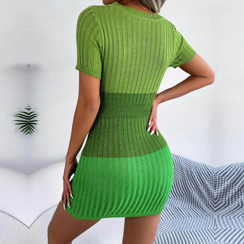 Women Spring Summer Sexy Hollow Out Gradient Knitted High Waist Wrap Hip Dress